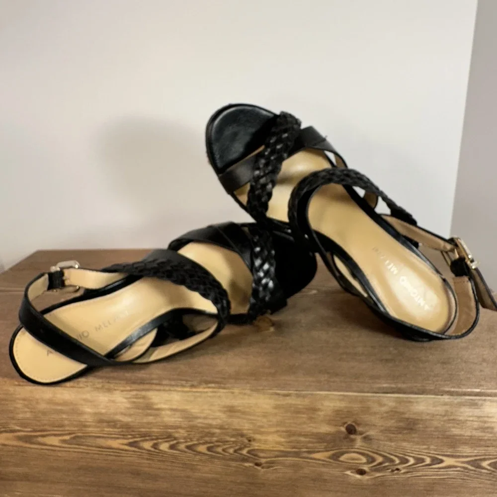ANTONIO MELANI Women SZ 8.5-9 Black Leather Strappy Platform Wedges Sandals Boho